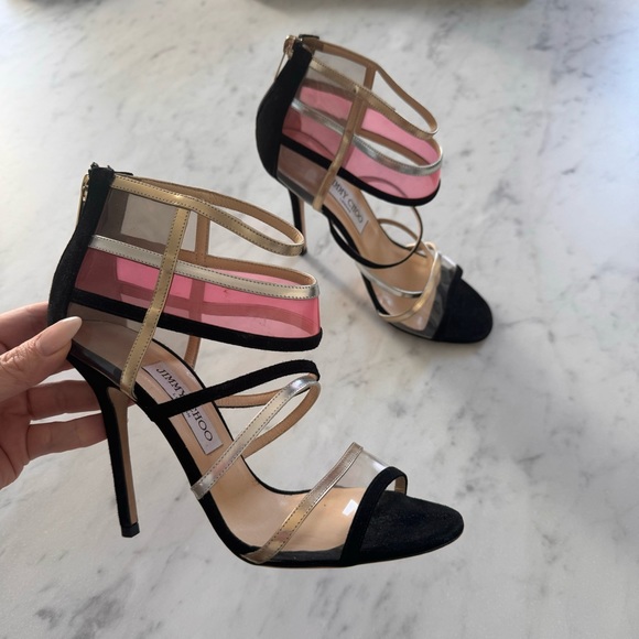 Jimmy Choo 38 MAI TAI in Black Suede Leather Strappy PVC Gold Silver Heels - Picture 1 of 7